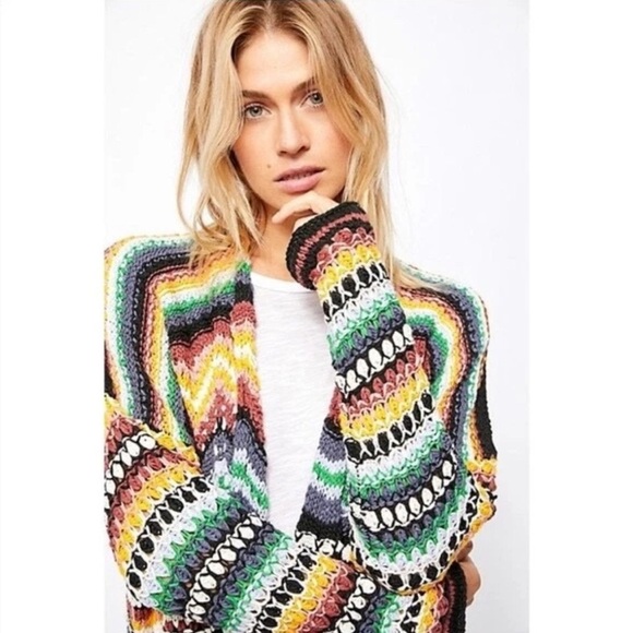 Free People Feeling Nostalgic Knit Woven Cardigan M Muilticolor Sweater - Picture 4 of 15
